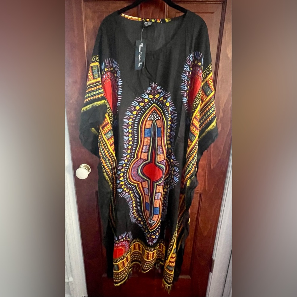 NEW African Dashiki black print tunic kaftan one size